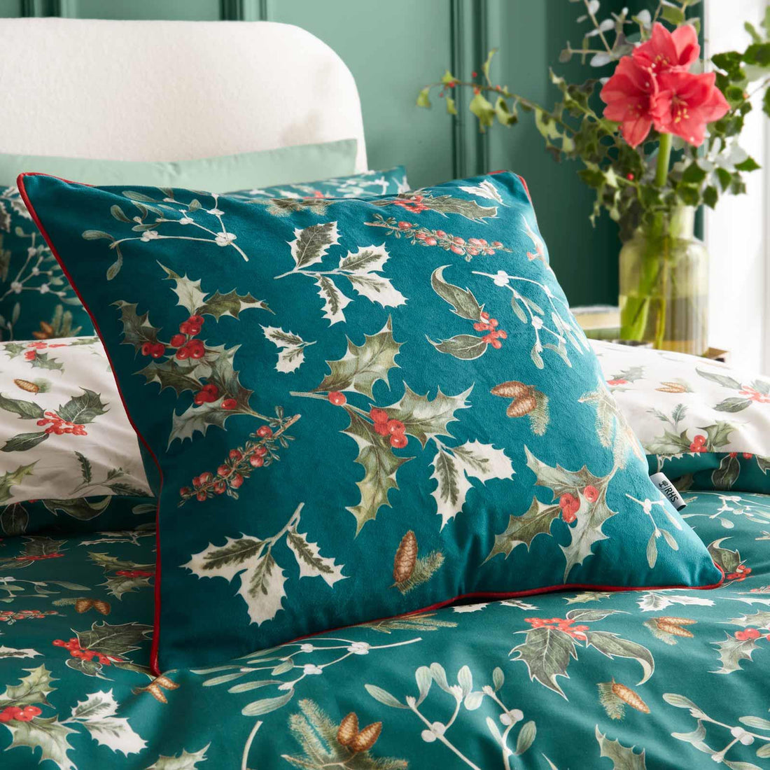 RHS Winter Foliage Christmas Velvet Filled Cushion