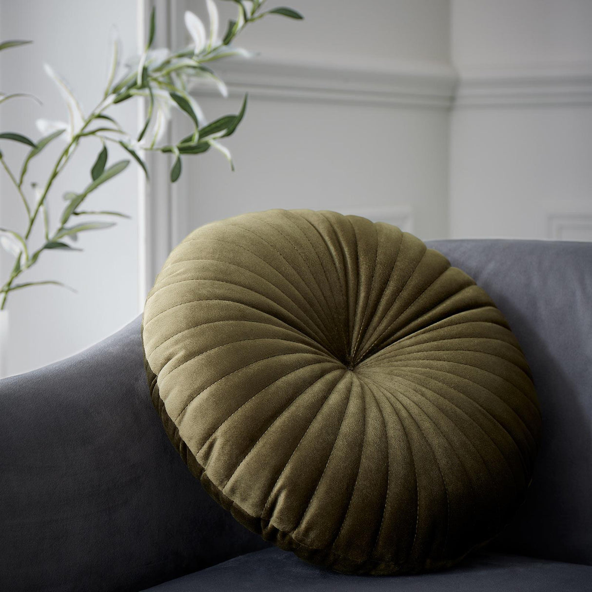Catherine Lansfield Pleated Round Button Filled Cushion - Olive