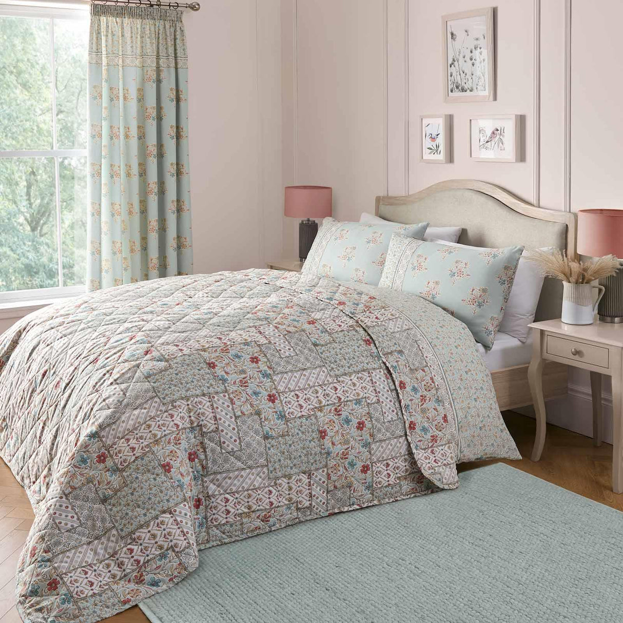 Dreams & Drapes Lorena Patchwork Quilted Bedspread Duck Egg