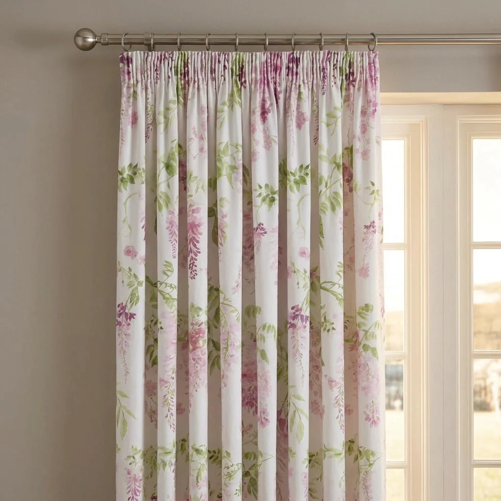 Wisteria Floral Lined Pencil Pleat Curtains - Pink image 2