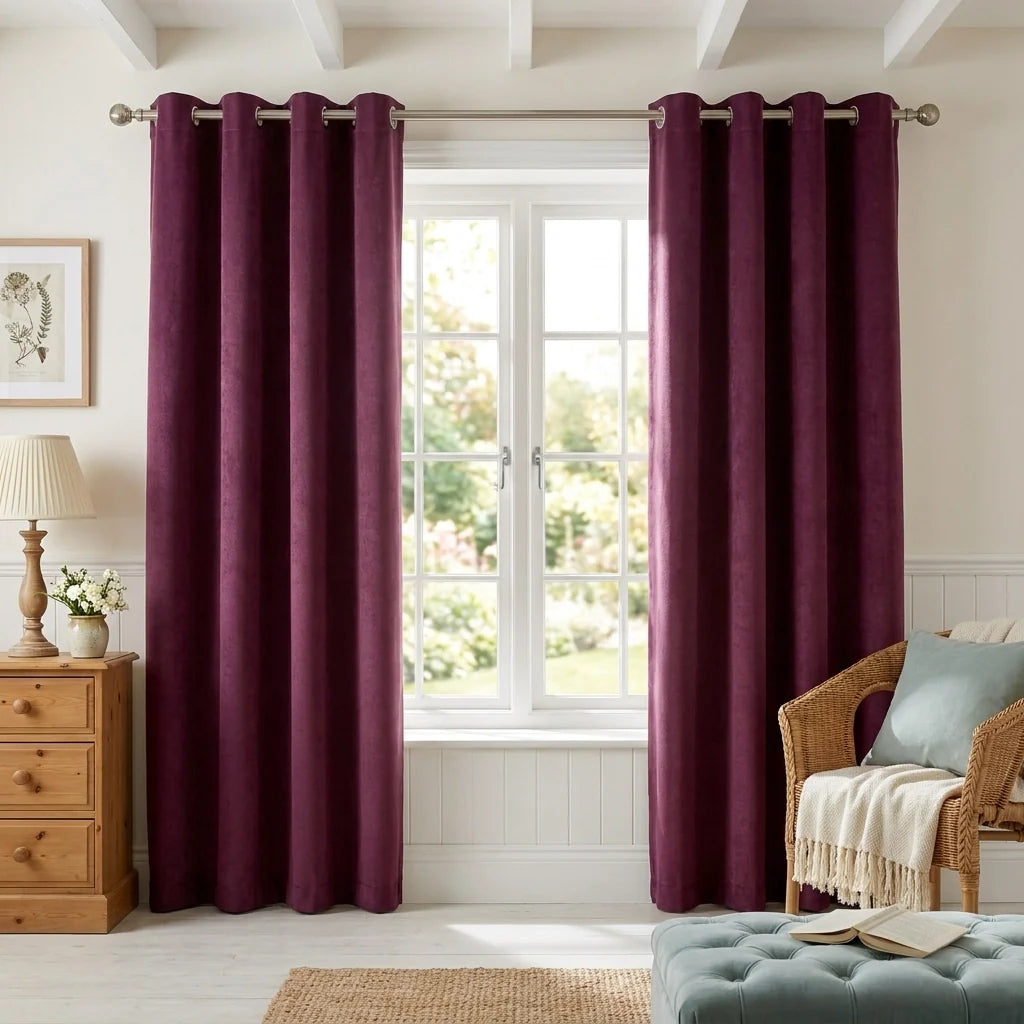 Aubergine Velvet Chenille Dimout Eyelet Curtains