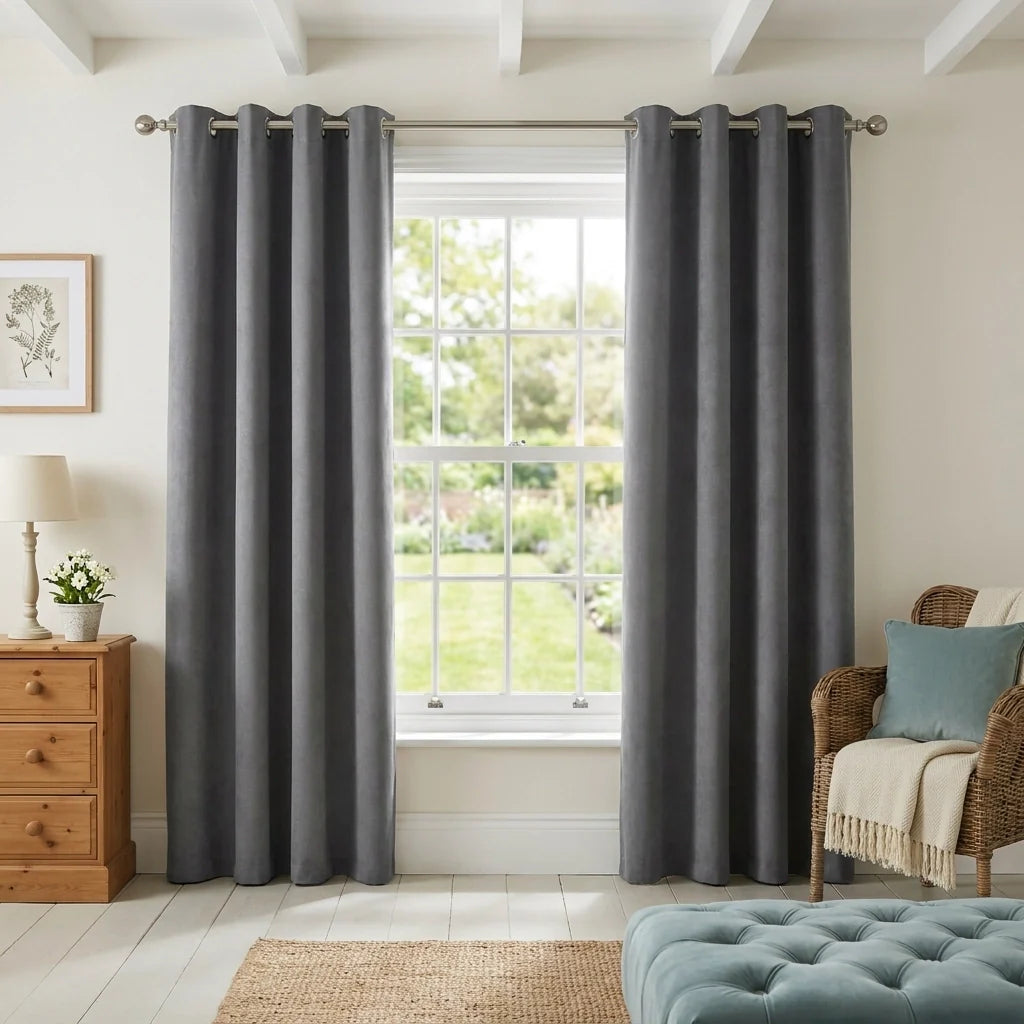 Slate Velvet Chenille Dimout Eyelet Curtains