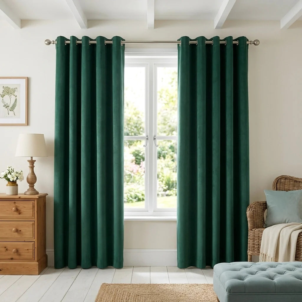 Green Velvet Chenille Dimout Eyelet Curtains