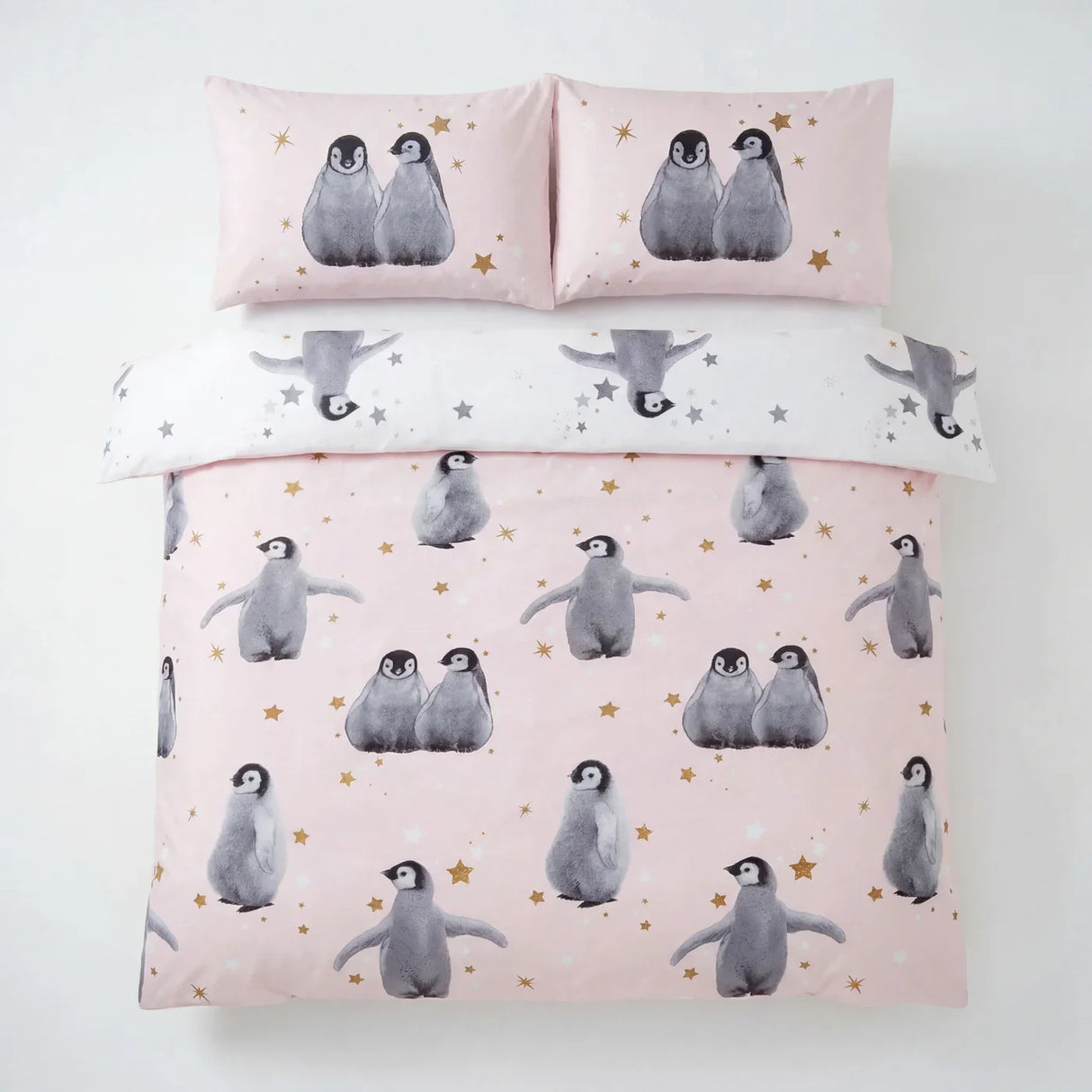Starry Penguins Duvet Cover Set - Pink