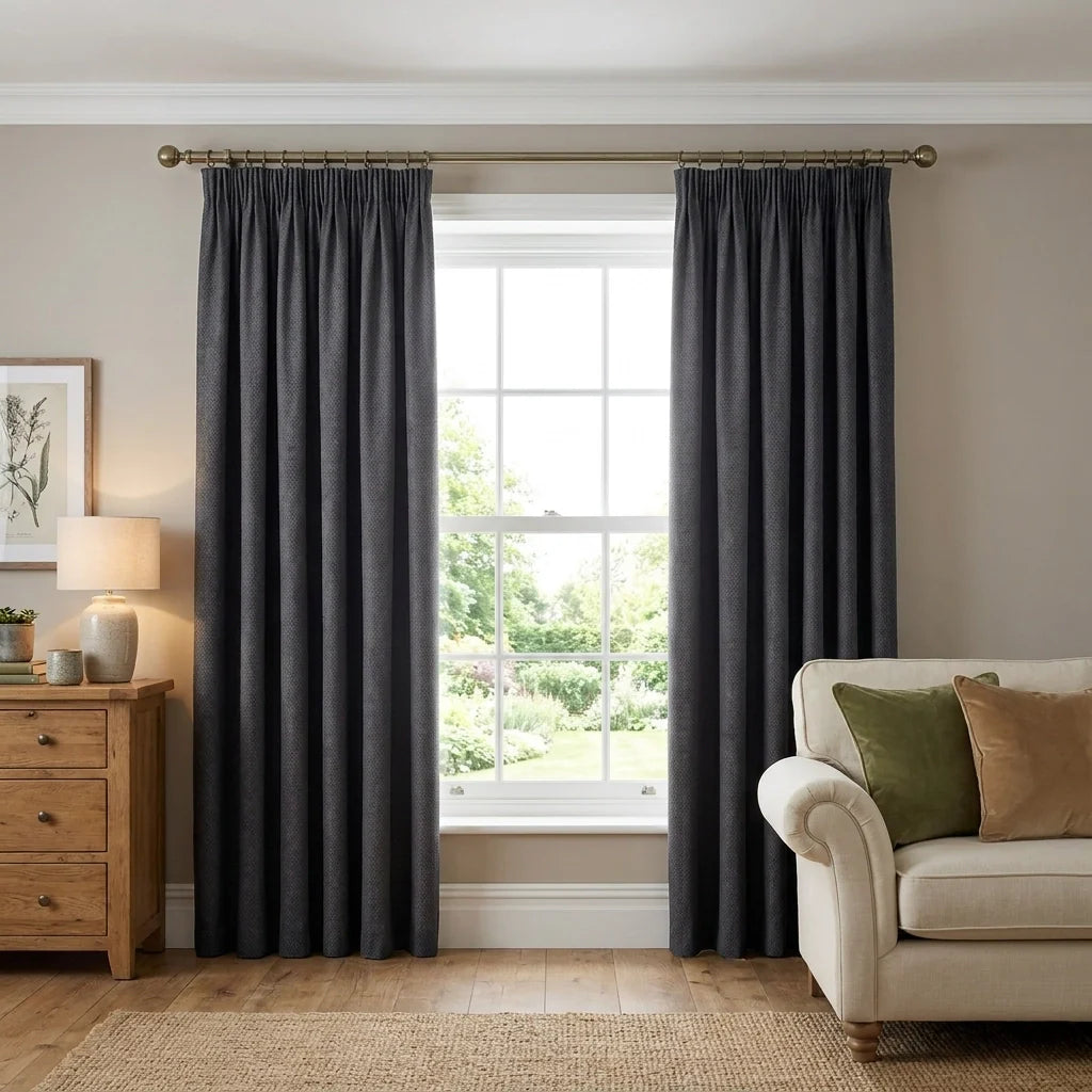 Charcoal Chenille Thermal Blackout Pencil Pleat Curtains