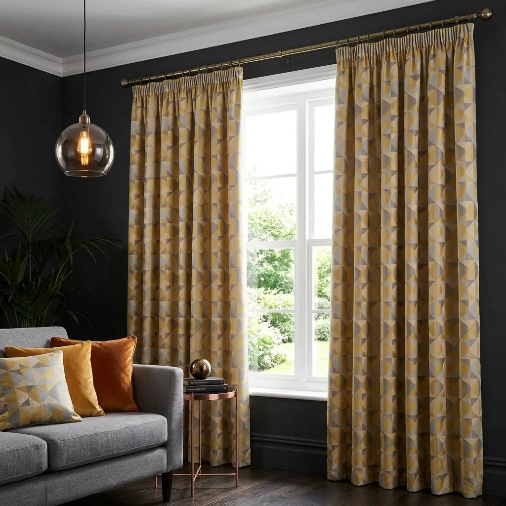 Skandi Geometric Jacquard Lined Ochre Tape Top Curtains