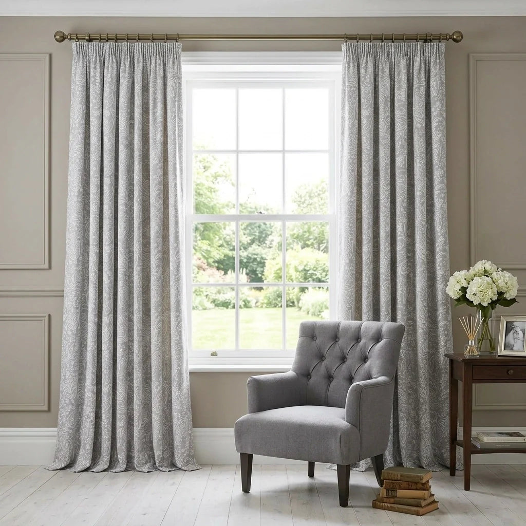 Aveline Floral Pencil Pleat Ready Made Curtains - Grey