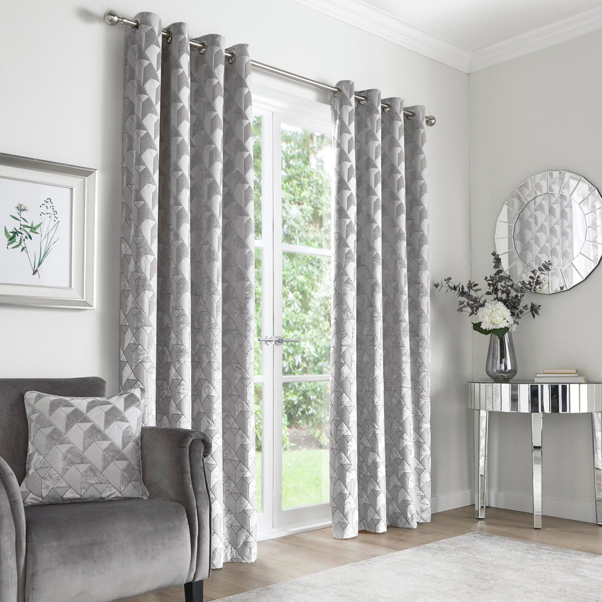 Quentin Velvet Eyelet Ready Made Curtains Grey - Silver image 2