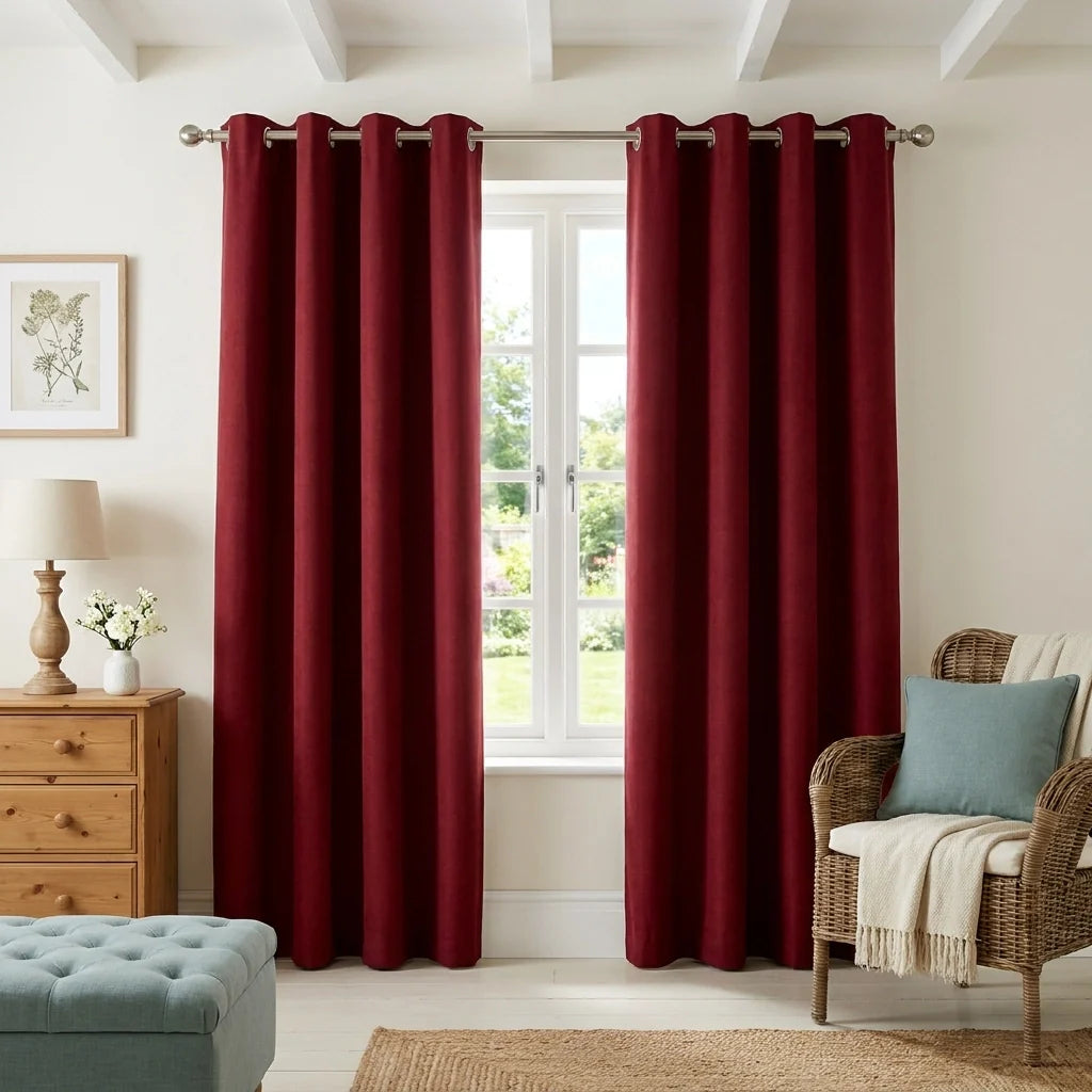 Red Velvet Chenille Dimout Eyelet Curtains