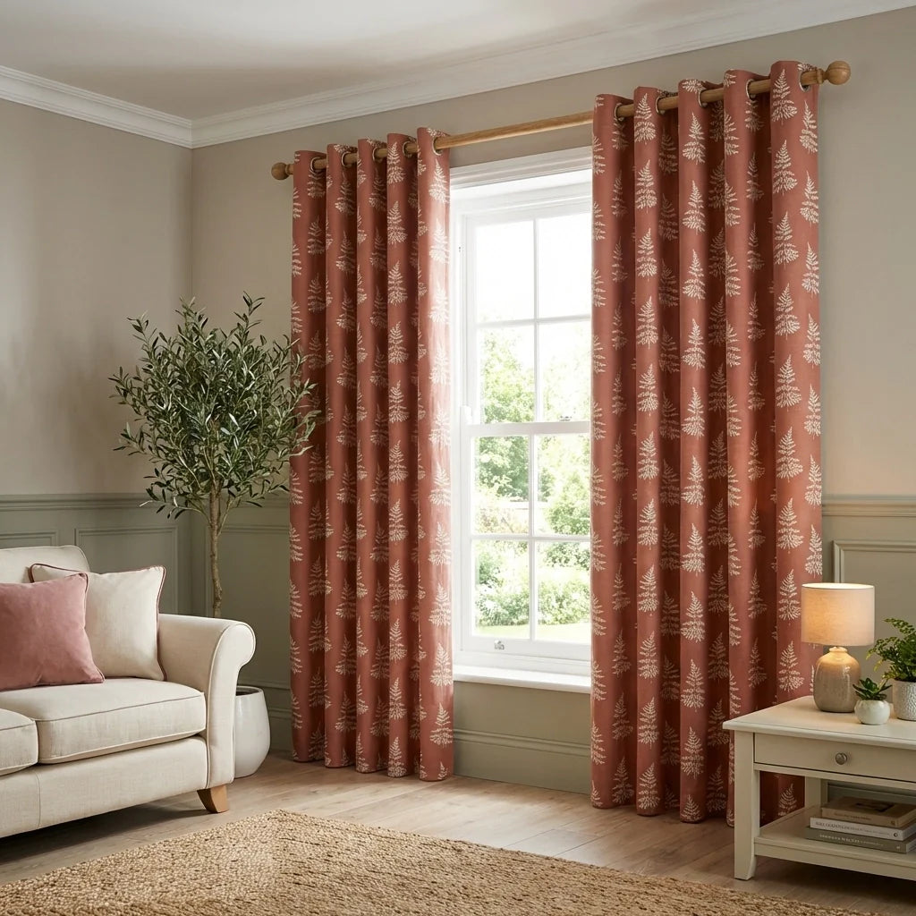 Esher Fern Terracotta Eyelet Curtains