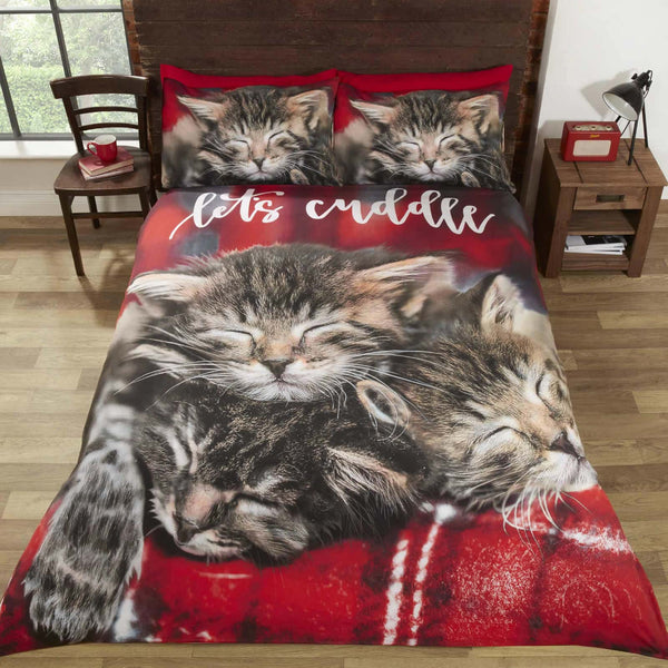 Cuddle Cats Tartan Check Red Duvet Cover Set
