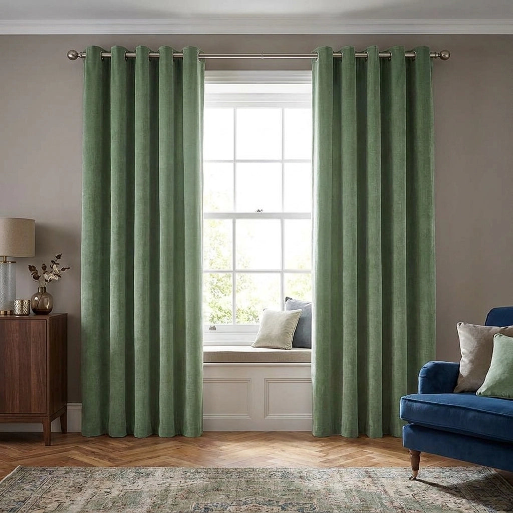 Heavy Lined Eucalyptus Velvet Chenille Blackout Eyelet Curtains