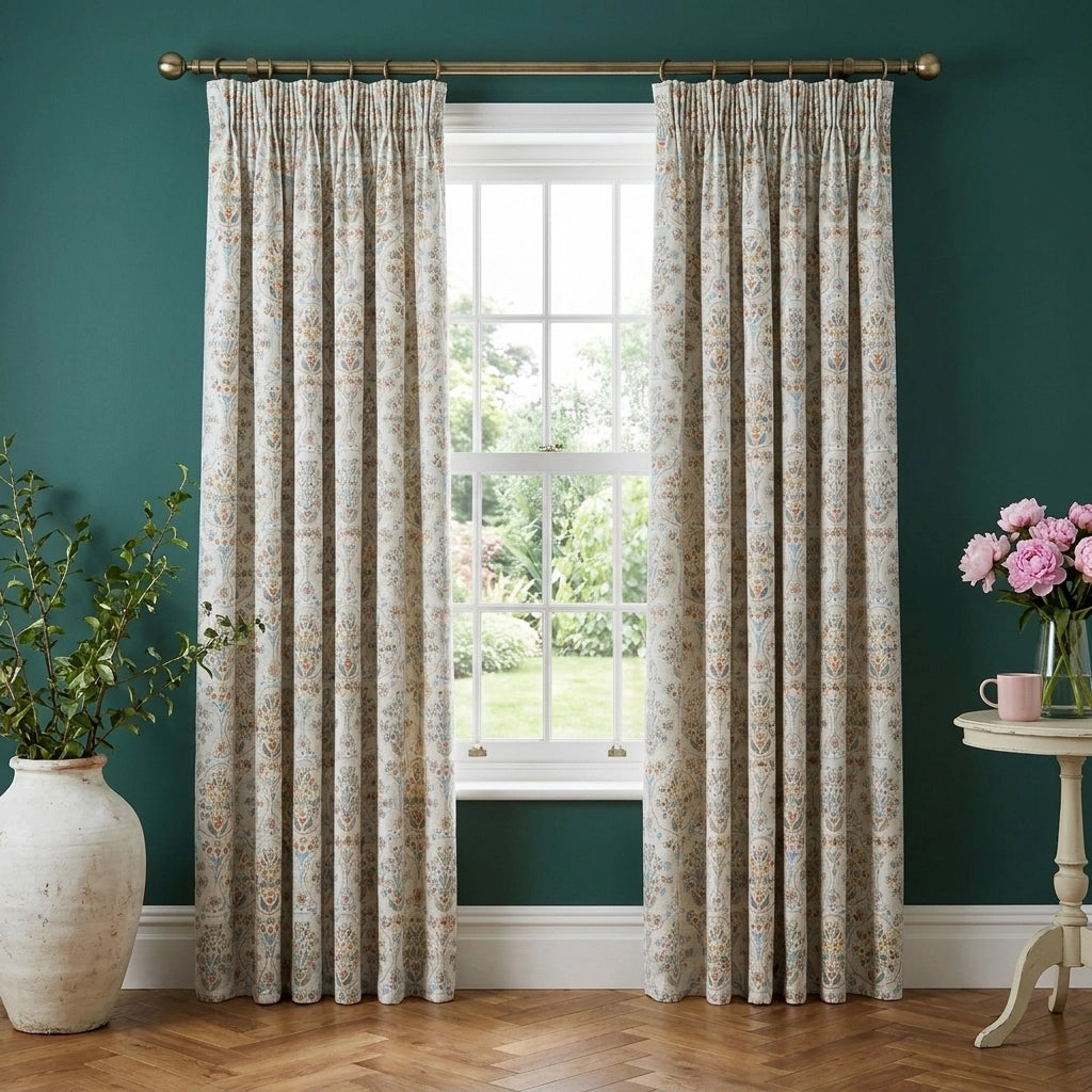 Edena Floral Pencil Pleat Curtains Natural 66 x 72 Inch 1