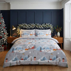 Christmas Winter Town Polycotton Duvet Cover Set - Multicolour