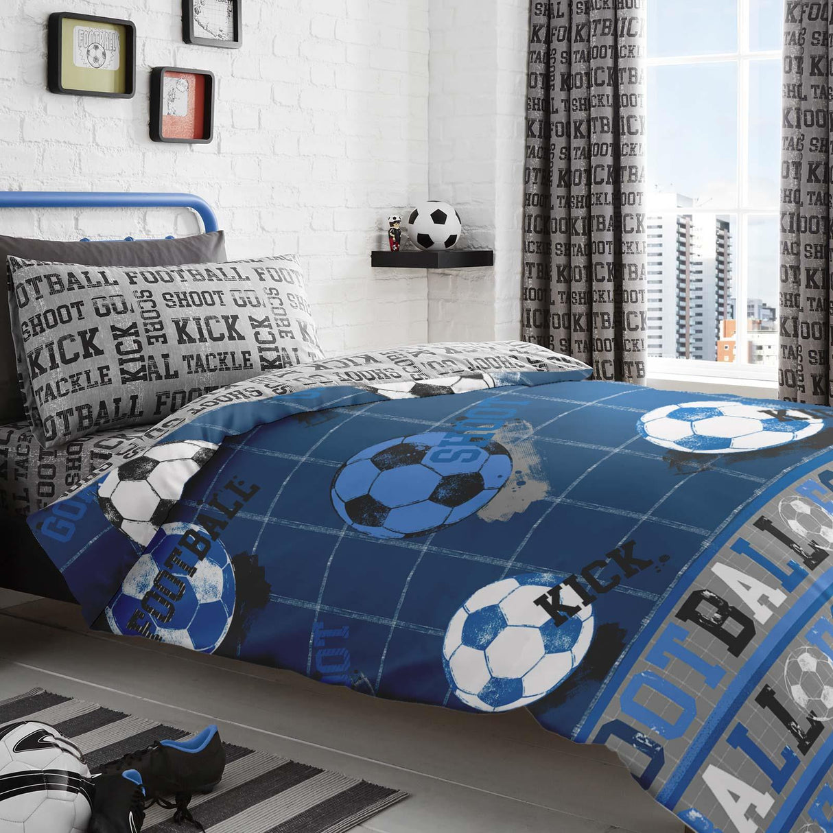 Football Printed Kids Duvet Cover Set Single & Double - Blue
