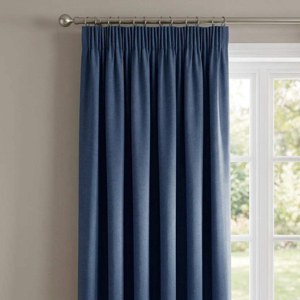 Chenille Blackout Tape Top Pencil Pleat Curtains - Blue image 2