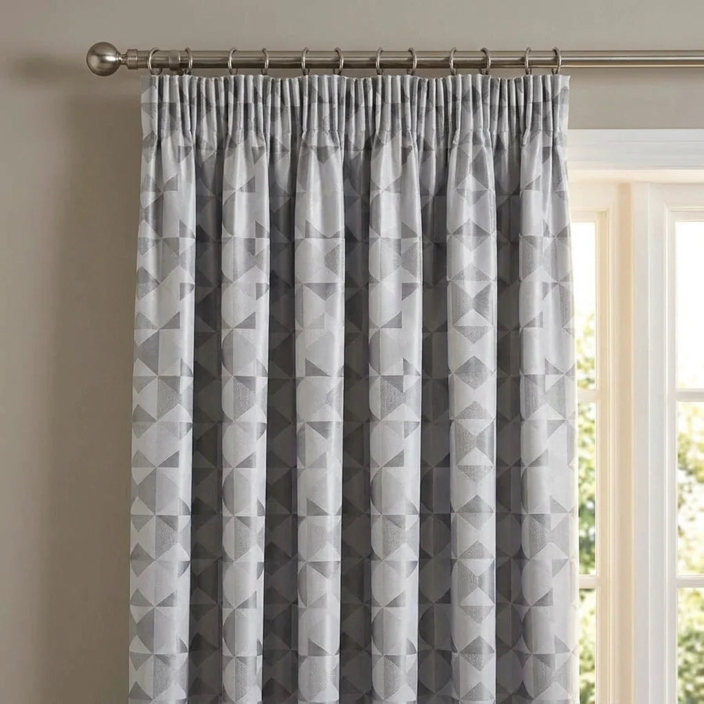 Skandi Geometric Jacquard Lined Tape Top Curtains - Silver image 2