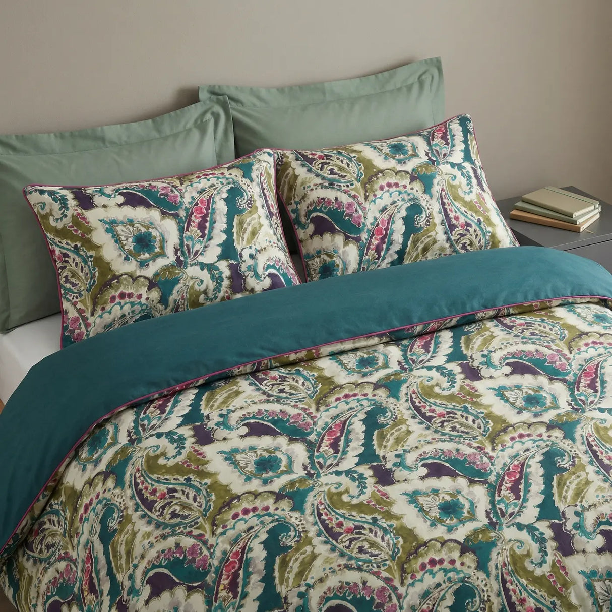 Aretha Paisley Print Cotton Sateen Teal Duvet Cover Set 2