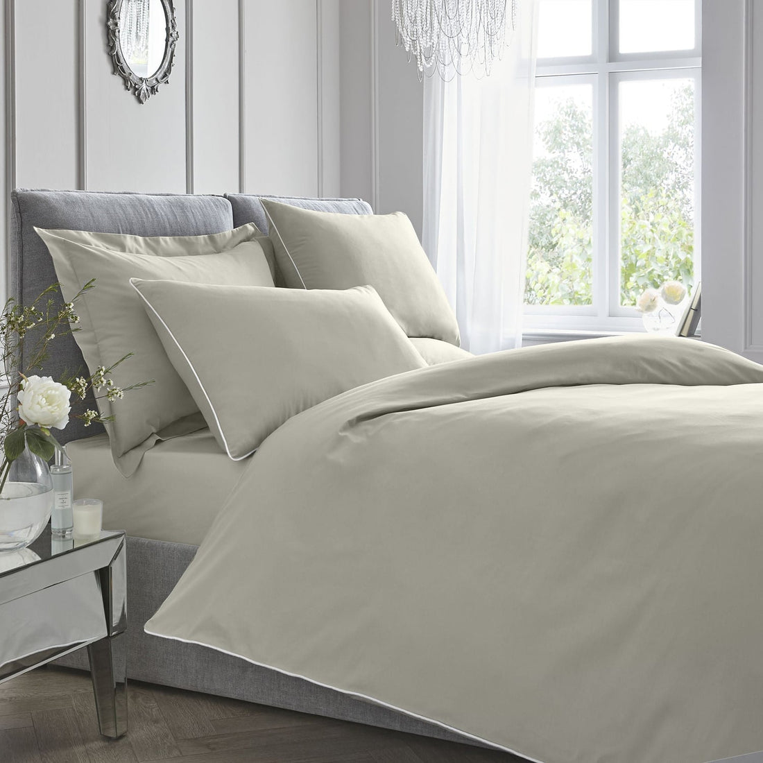200 Thread Count Silver with White Piping 100% Cotton Duvet Cover Bedding Set