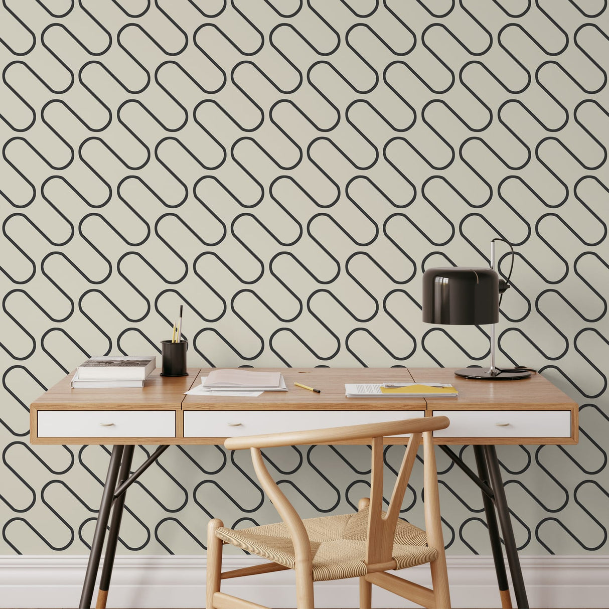 Catherine Lansfield Linear Curve Black Geometric Wallpaper - Linear Curve Geometric Cream