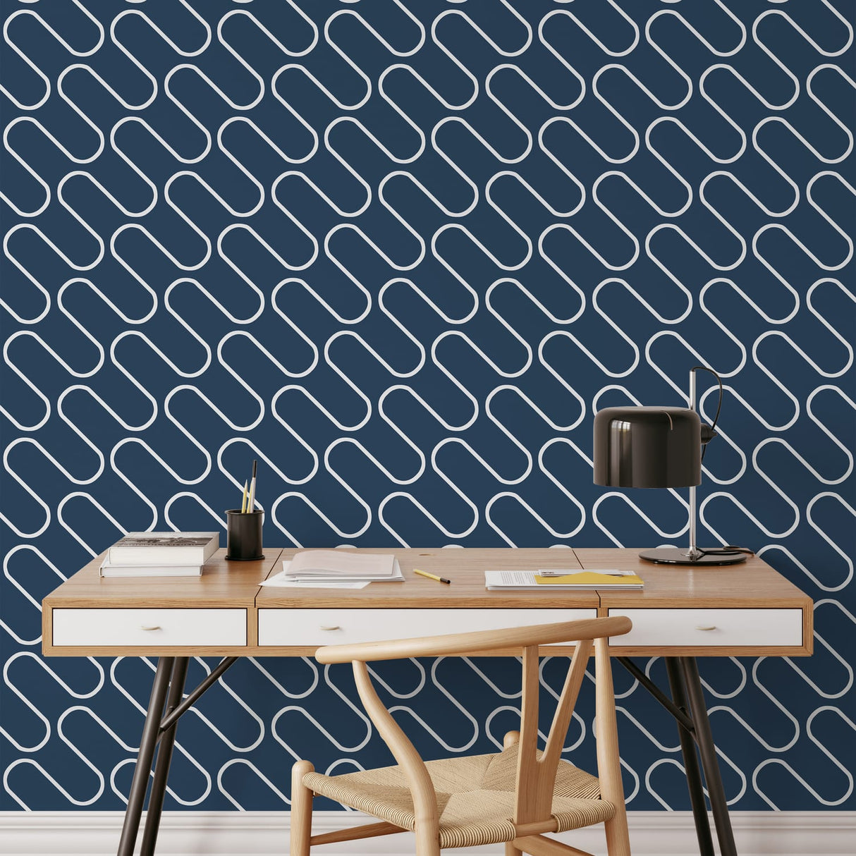 Catherine Lansfield Linear Curve Black Geometric Wallpaper - Linear Curve Geometric Navy