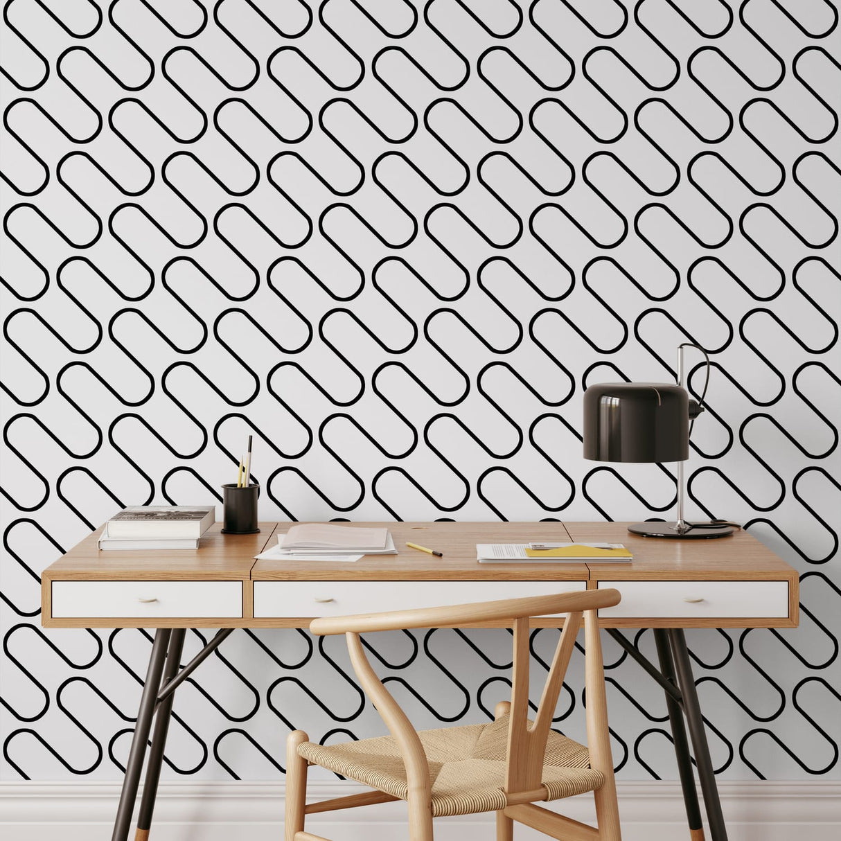 Catherine Lansfield Linear Curve Black Geometric Wallpaper - Linear Curve Geometric White Black