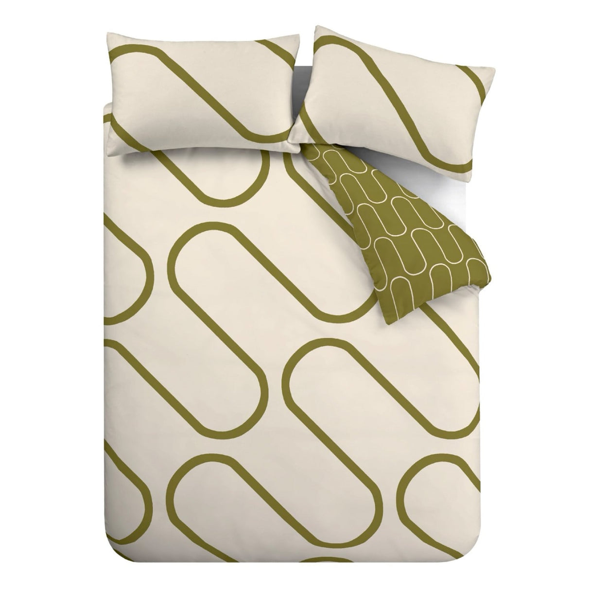 Catherine Lansfield Linear Curve Geometric Duvet Cover Set - Black - Linear Curve Olive Duvet Set