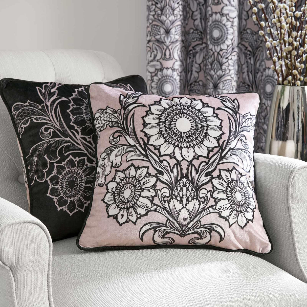 Laurence Llewelyn-Bowen Romilly Floral Velvet Cushion Cover Natural 4