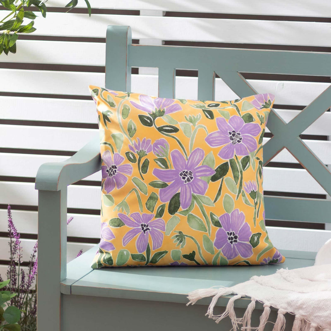 Flowers Outdoor Yellow + Lilac Cushion Cover with Floral Design 43cm x 43cm