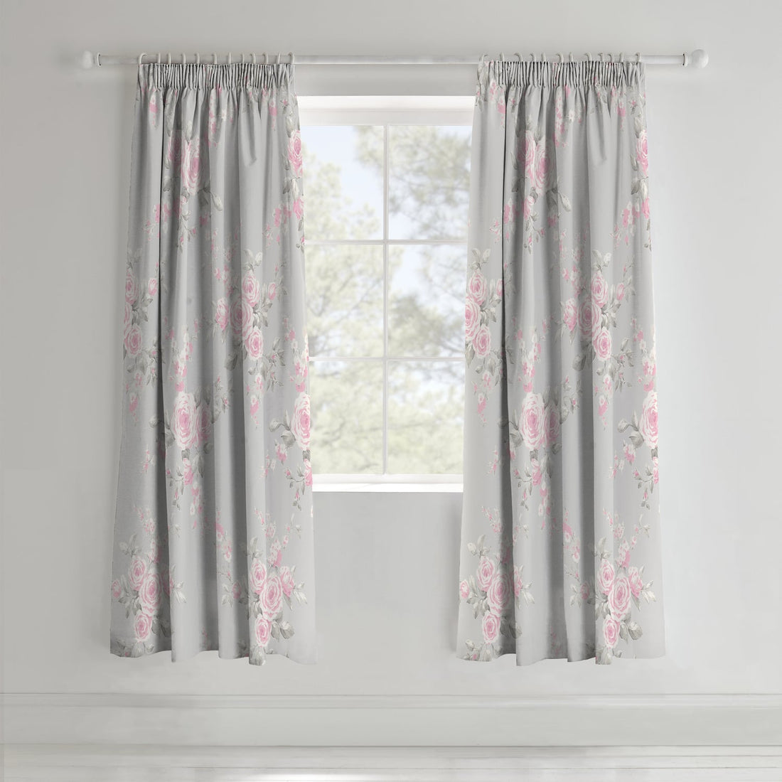 Catherine Lansfield Canterbury Floral Grey Pencil Pleat Curtains