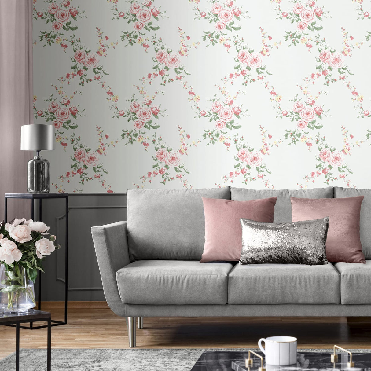 Catherine Lansfield Canterbury Floral Wallpaper Cream - Canterbury Grey Red Wallpaper