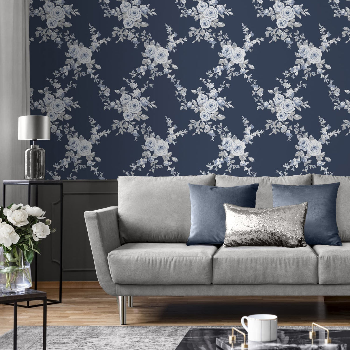 Catherine Lansfield Canterbury Floral Wallpaper Cream - Canterbury Navy Wallpaper Image 1