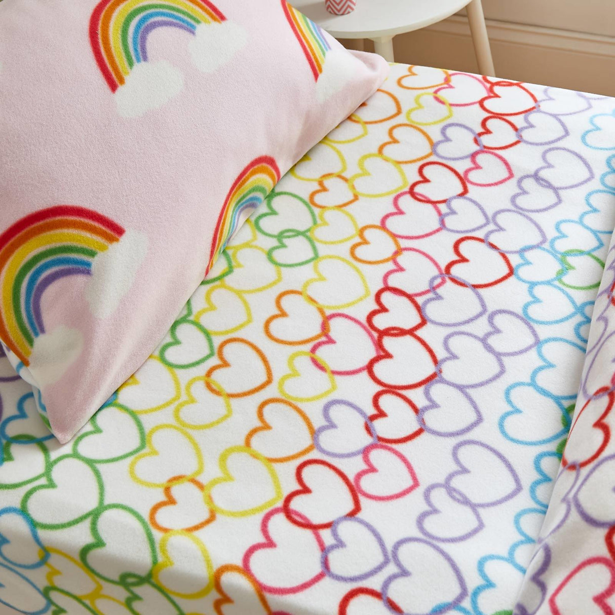Rainbow Hearts Fleece Fitted Sheet by Catherine Lansfield