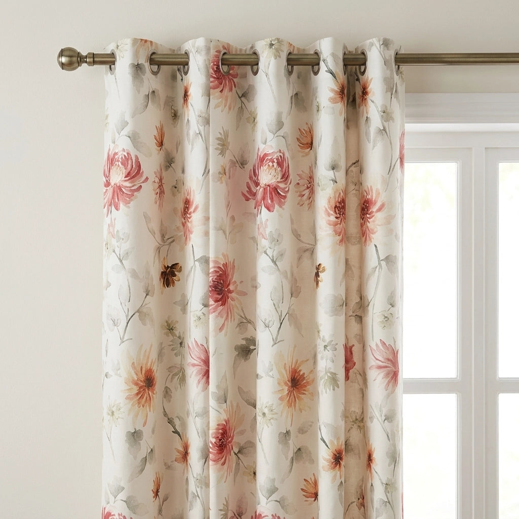 Nadia Floral Beige Eyelet Curtains Ready Made 2