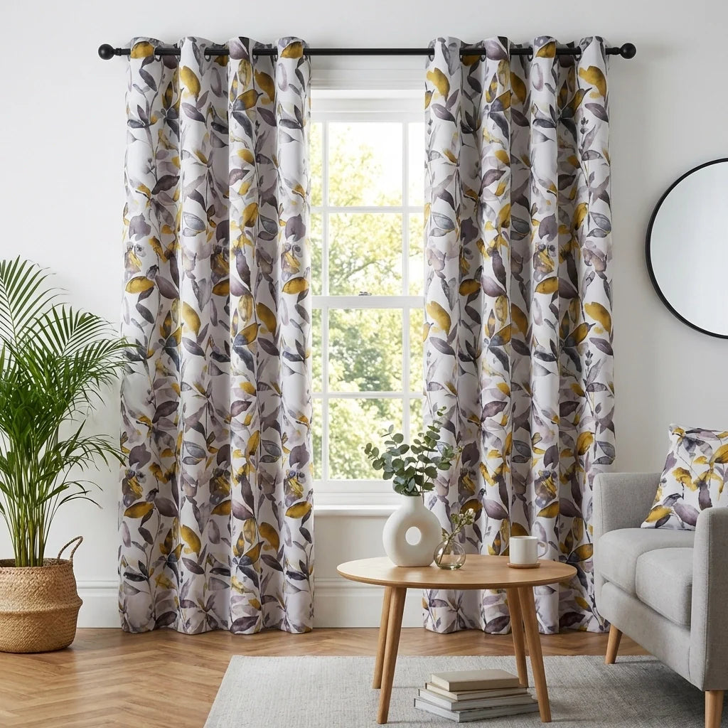 Giverny Ochre Thermal Blackout Dimout Eyelet Curtains