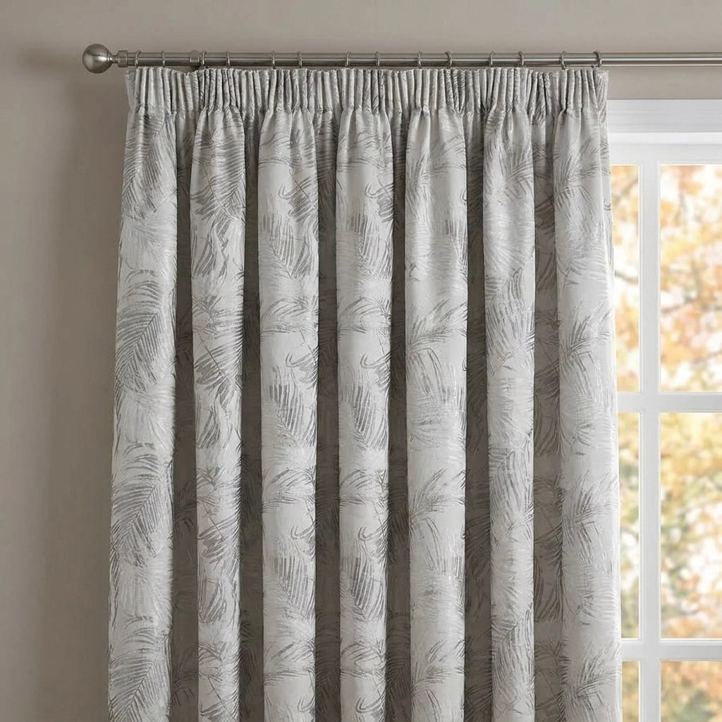 Fiji Jacquard Palm Lined Tape Top Curtains Silver 2