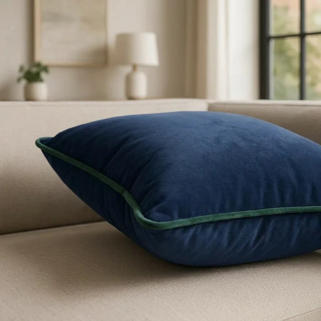 Piped Velvet Navy / Green Cushion Cover s 43cm x 43cm 43x43cm