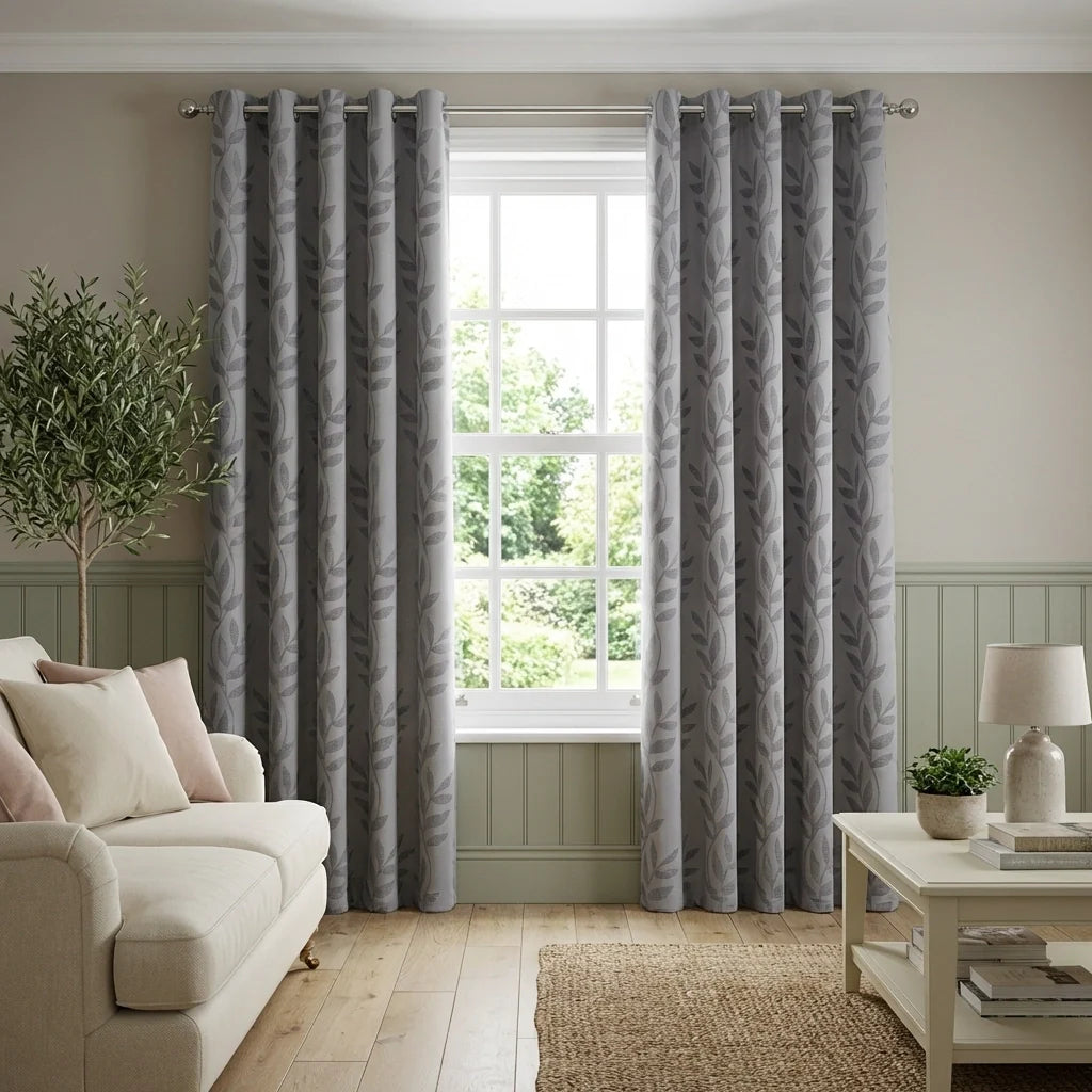 Tivoli Leaf Jacquard Lined Silver Eyelet Curtains