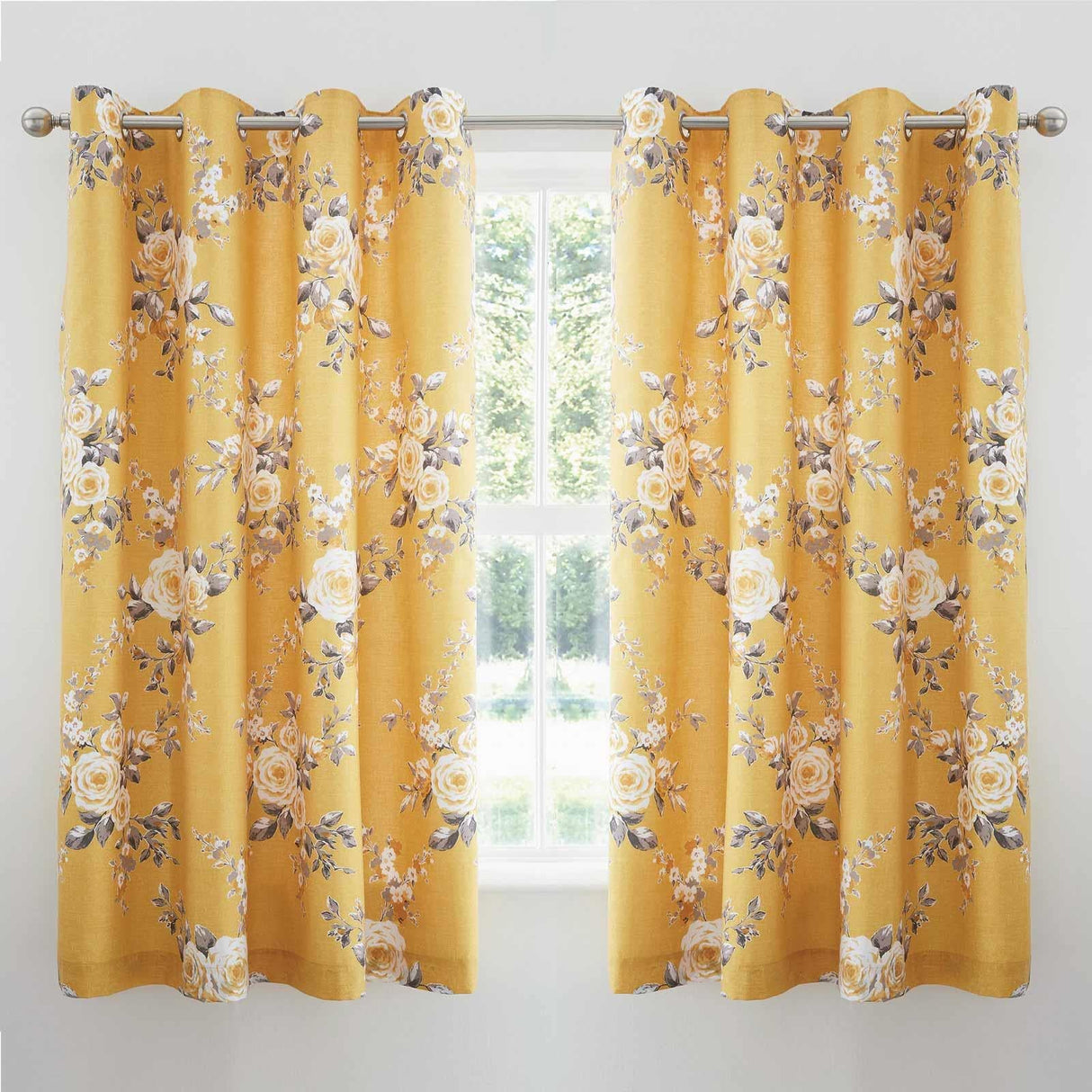 Catherine Lansfield Canterbury Floral Ready Made Eyelet Curtains - Ochre