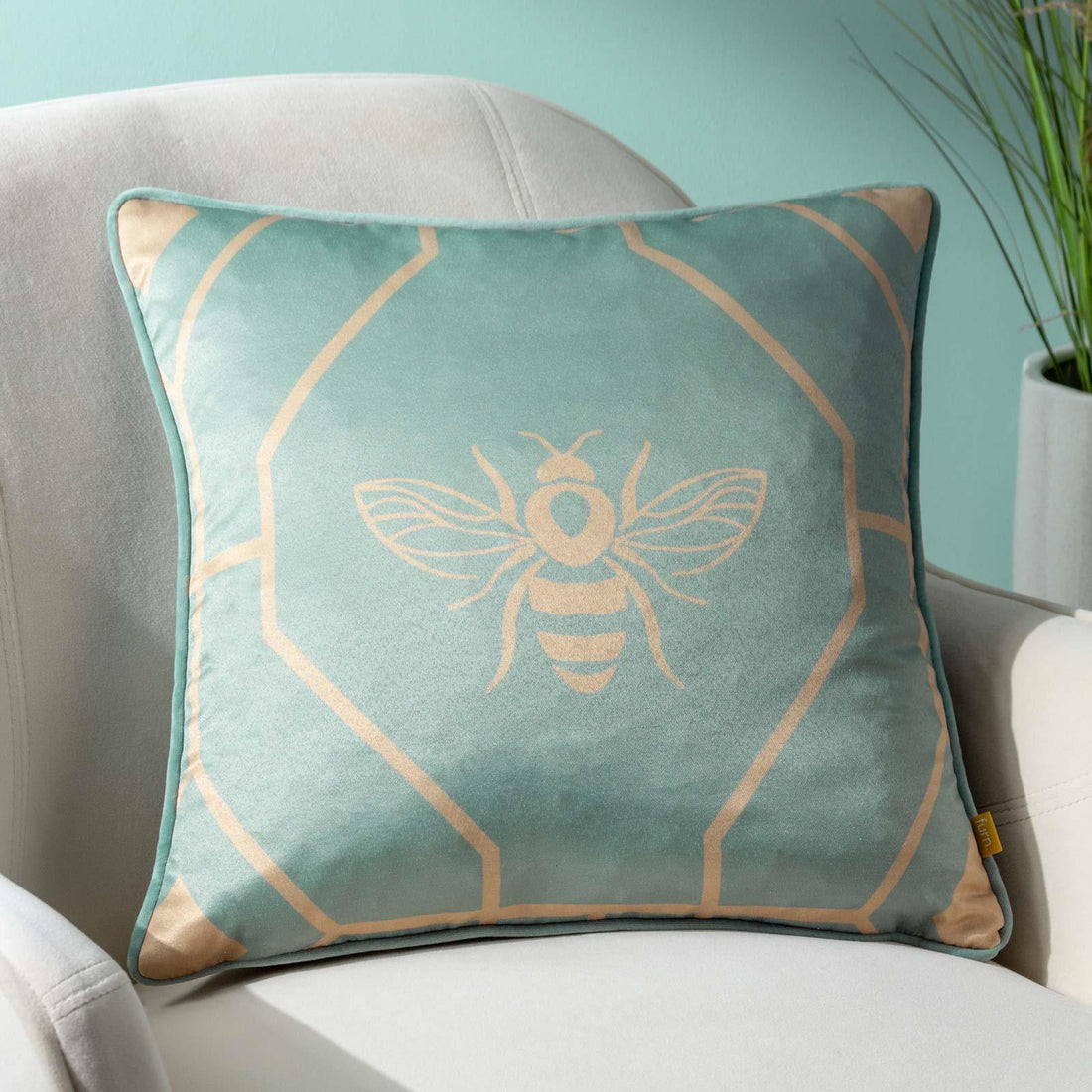 Bee Deco Geometric Velvet Eau de Nil Cushion Cover 43cm x 43cm