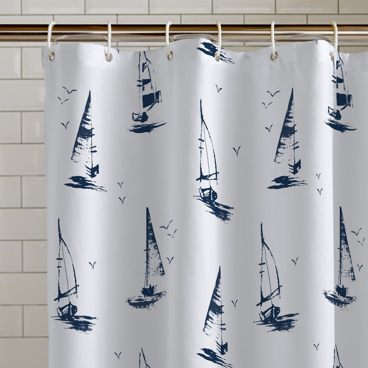 Catherine Lansfield Salcombe Boats Shower Curtain 180x180cm - White - Salcombe Shower Curtain