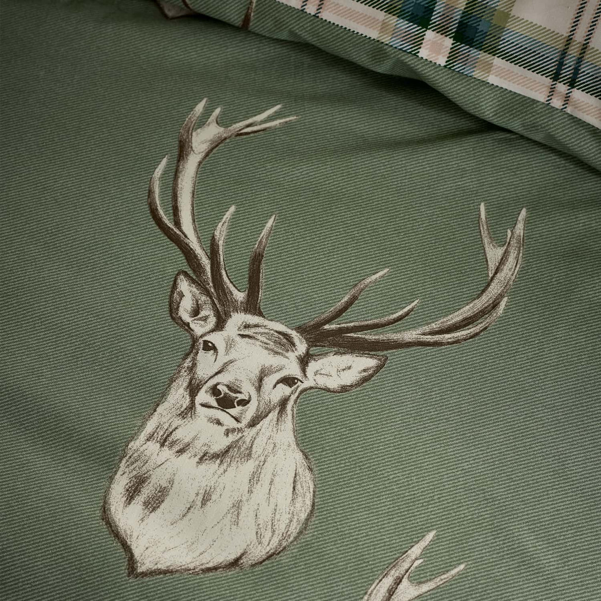 Catherine Lansfield Stag Duvet Cover Set - Soft Green - Stag Check Soft Green Duvet Set