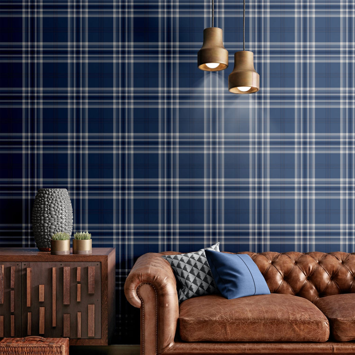 Catherine Lansfield Kelso Check Cream Tartan Wallpaper - Kelso Navy Wallpaper
