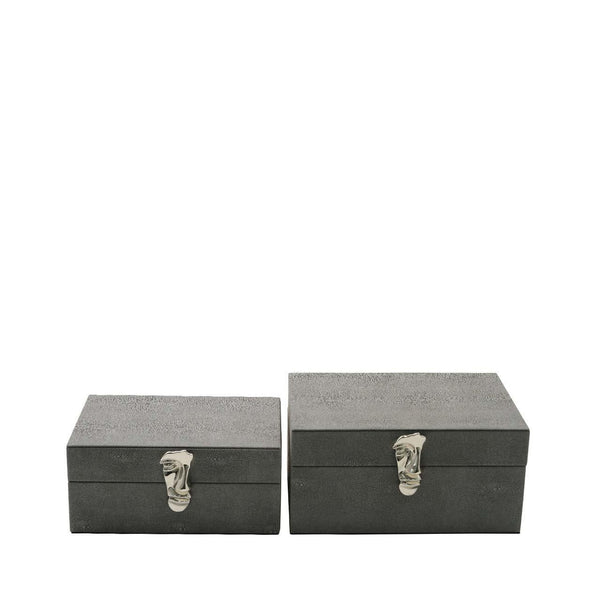 Set of 2 Grey Faux Litchi Jewellery Boxes with Chrome Handle - 12.5cm