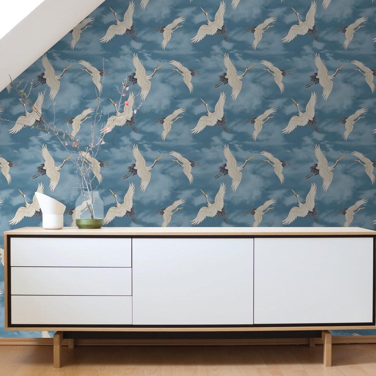 Catherine Lansfield Cranes Blue Wallpaper - Cranes Wallpaper Blue