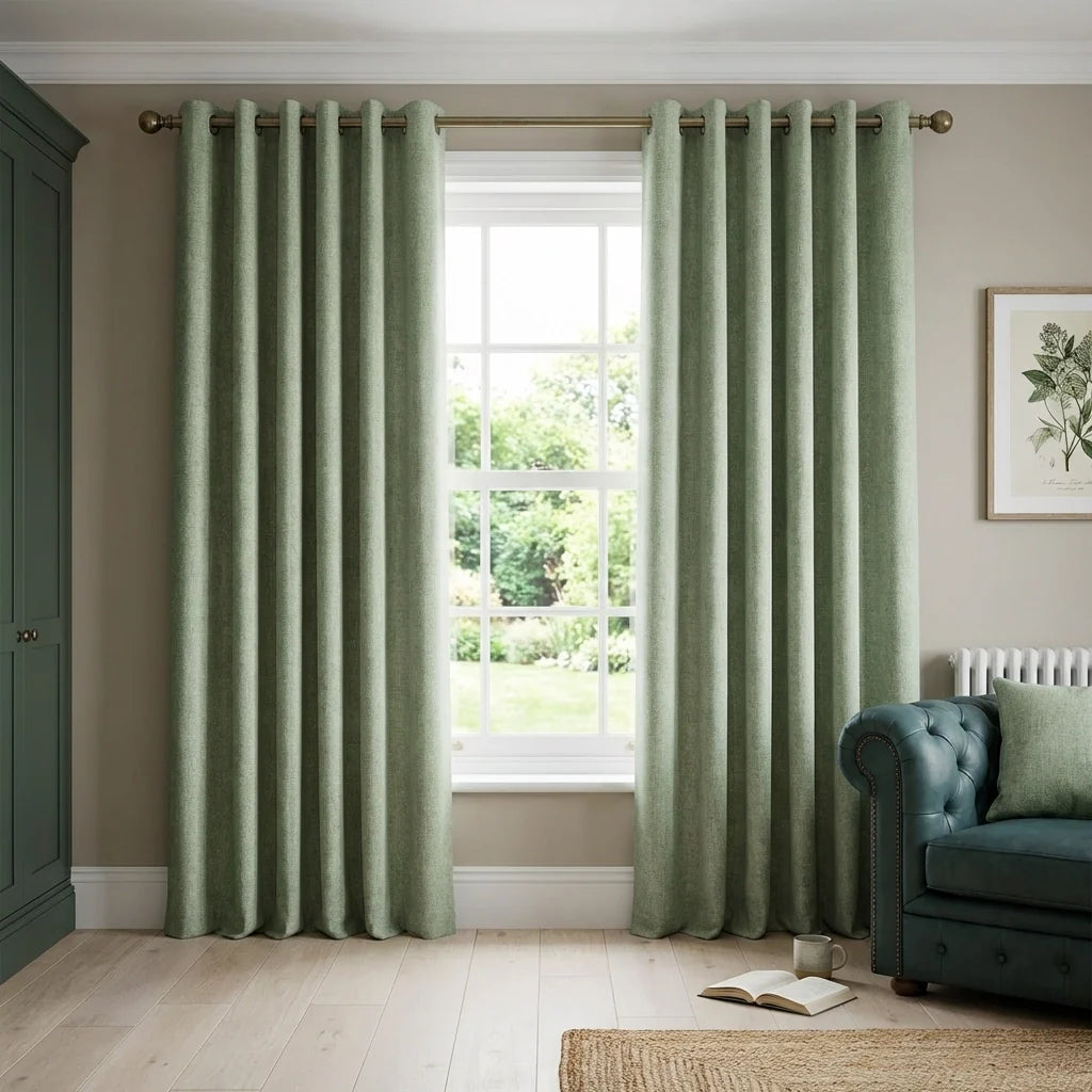 Amberley Sage Chenille Thermal Eyelet Curtains Heavyweight