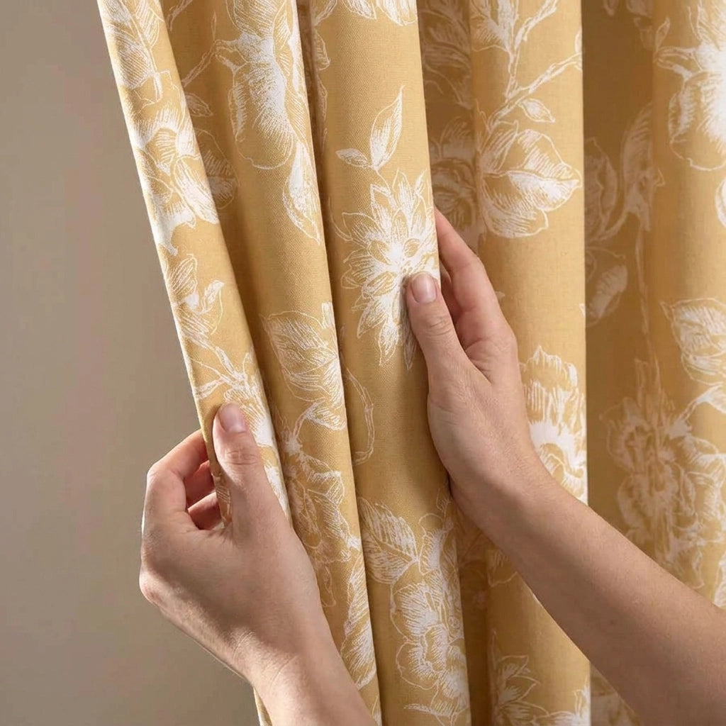 Mishka Floral Gold Pencil Pleat Curtains 3