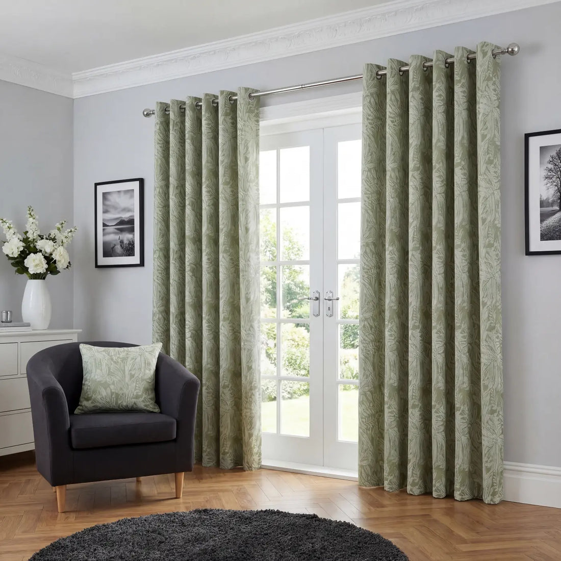 Botanic Green Chenille Eyelet Curtains