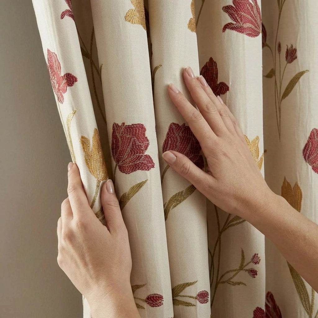 Juliette Floral Pencil Pleat Curtains Natural & Red 3