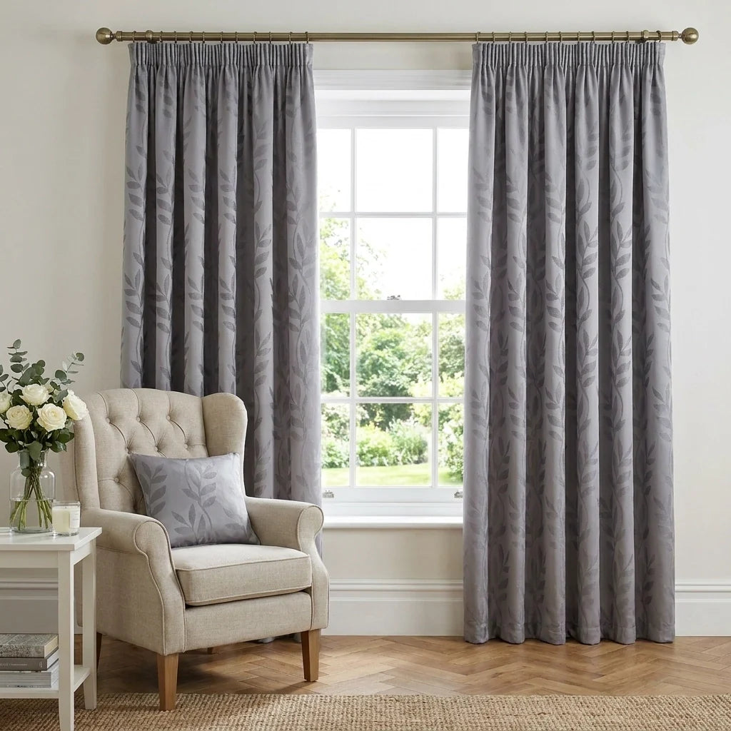 Tivoli Leaf Jacquard Lined Silver Pencil Pleat Curtains